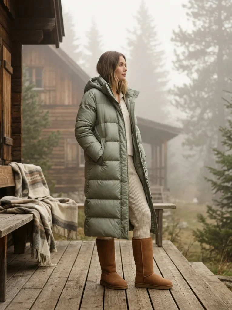 33 Ugg Outfit Ideas That Are Cozy, Cute, and Easy to Wear 22 Long Puffer Coat Knit Set and Ugg Boots