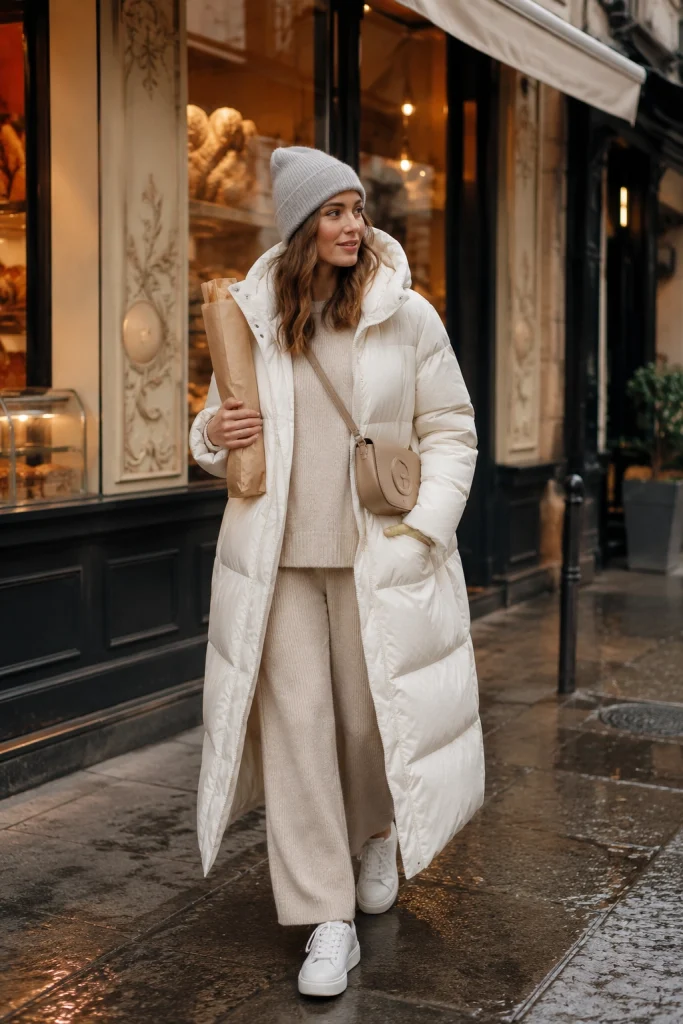 Long Puffer Knit Set and Sleek Sneakers