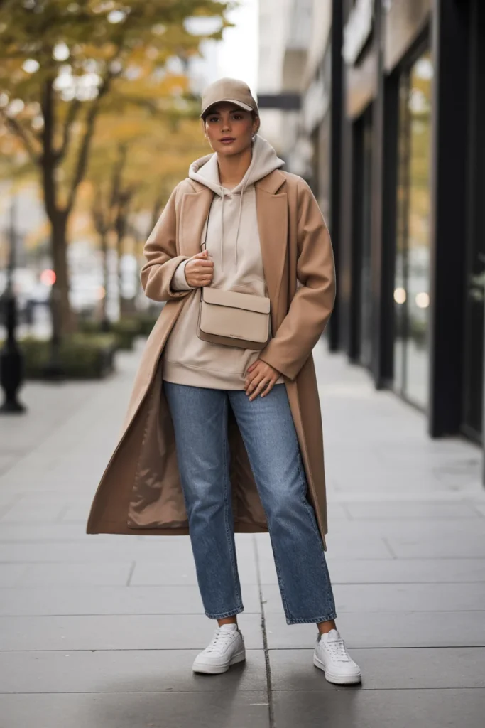 34 Casual Fall Outfits That Look Laid-Back, Chic, and Easy to Copy 19 Long Wool Coat Hoodie and Straight Jeans