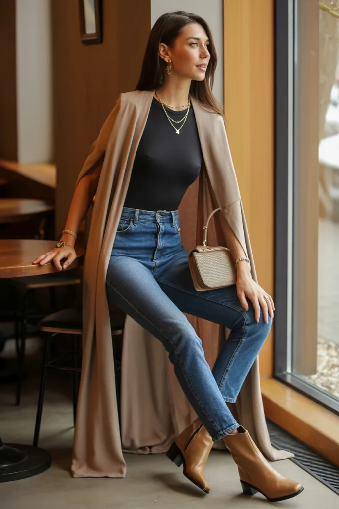 33 Winter Date Outfits That Feel Romantic, Warm, and Stunning 28 Longline Cardigan Bodysuit and Straight Jeans