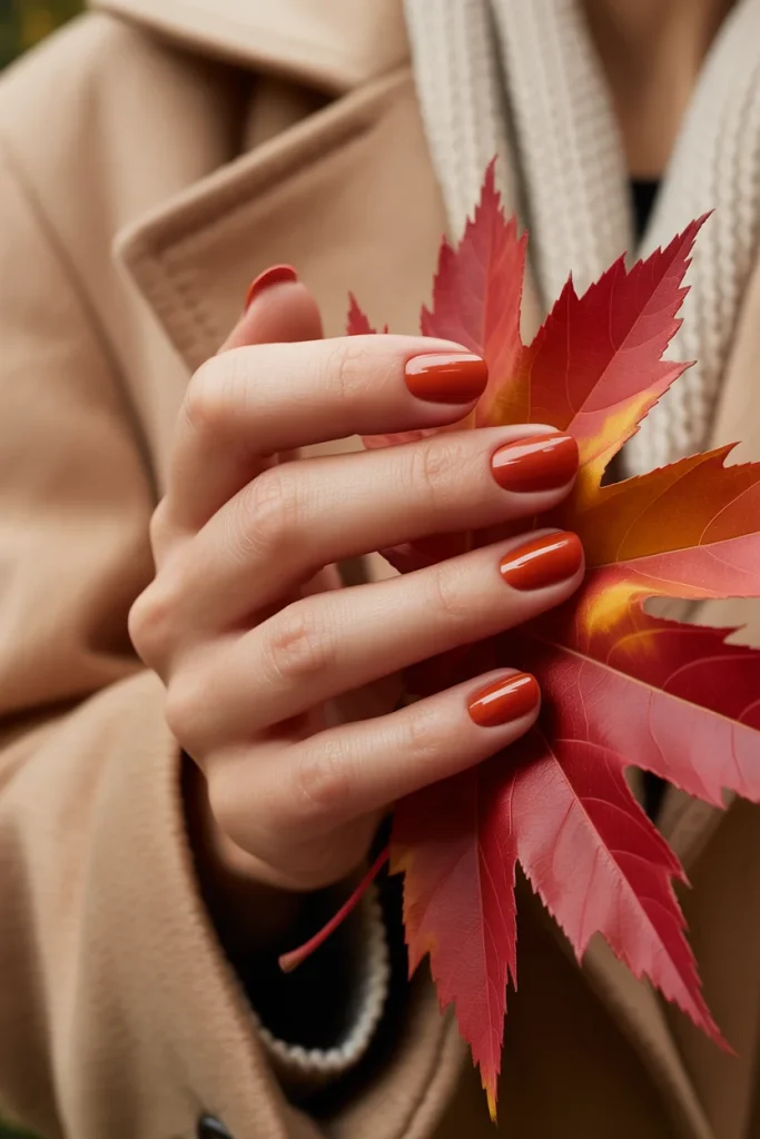 31 October Nail Ideas for Cozy, Spooky, and Classy Fall Vibes 16 Maple Red Short Nails