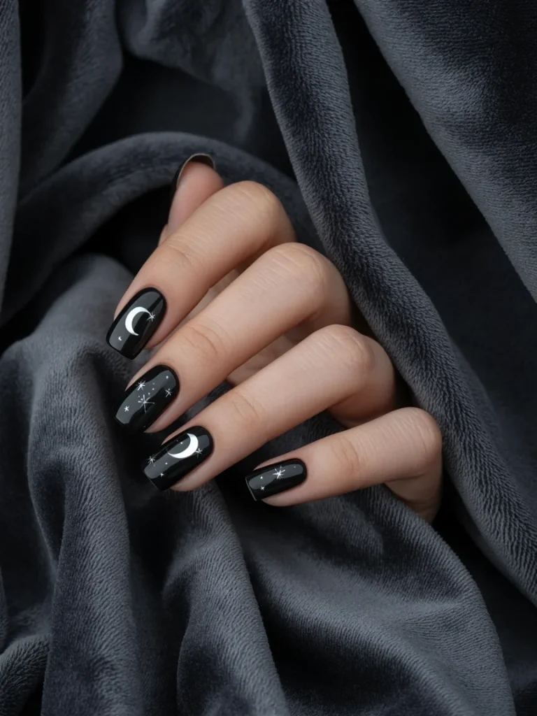 30 Halloween Nail Ideas That Are Spooky, Cute, and Actually Wearable 13 Matte Black Moon Nails