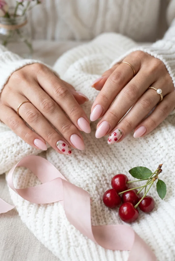 28 Trendy Red Cherry Nail Ideas That Look Playful and Chic 5 Milky Pink Cherry Nails