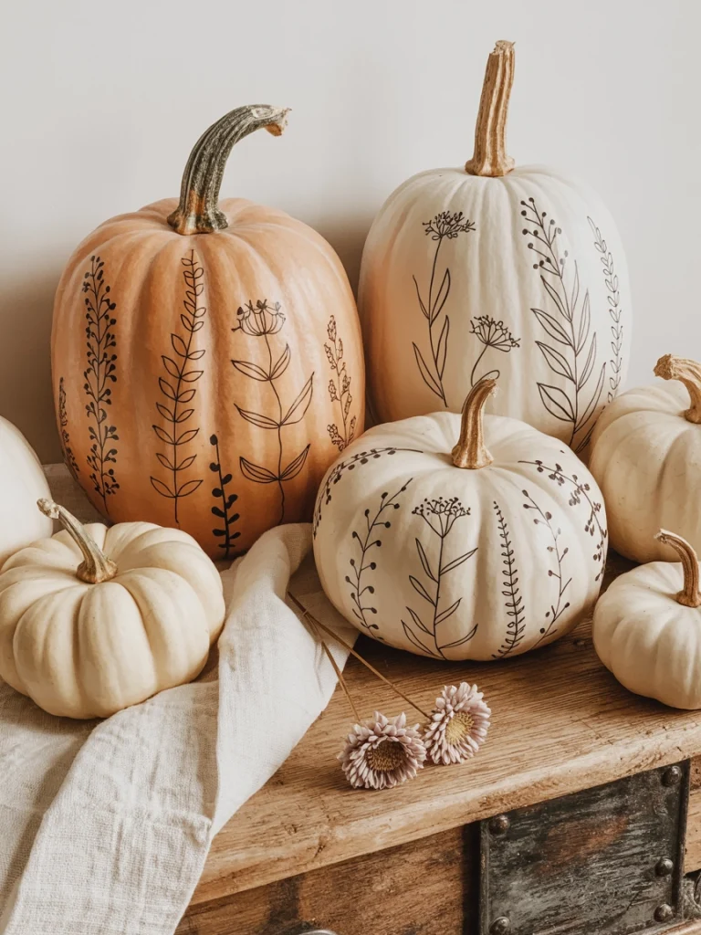 28 Pumpkin Painting Ideas That Look Creative, Cute, and Easy to Copy 11 Minimal Black Botanical Line Art