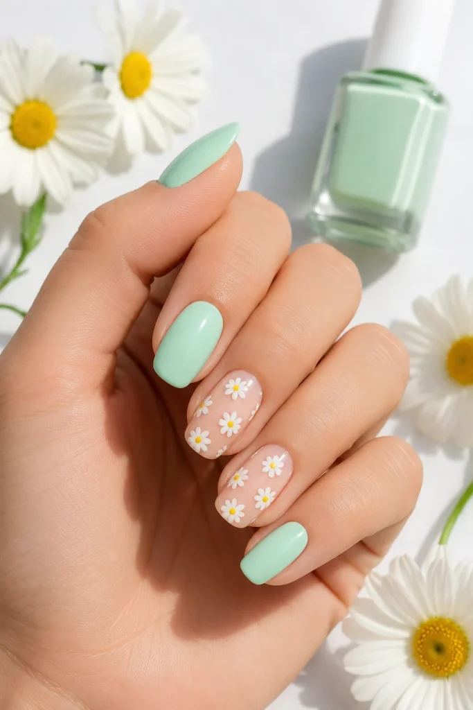29 Pastel Easter Nail Ideas That Look Sweet, Soft, and So Pretty 24 Mint and White Daisy Nails
