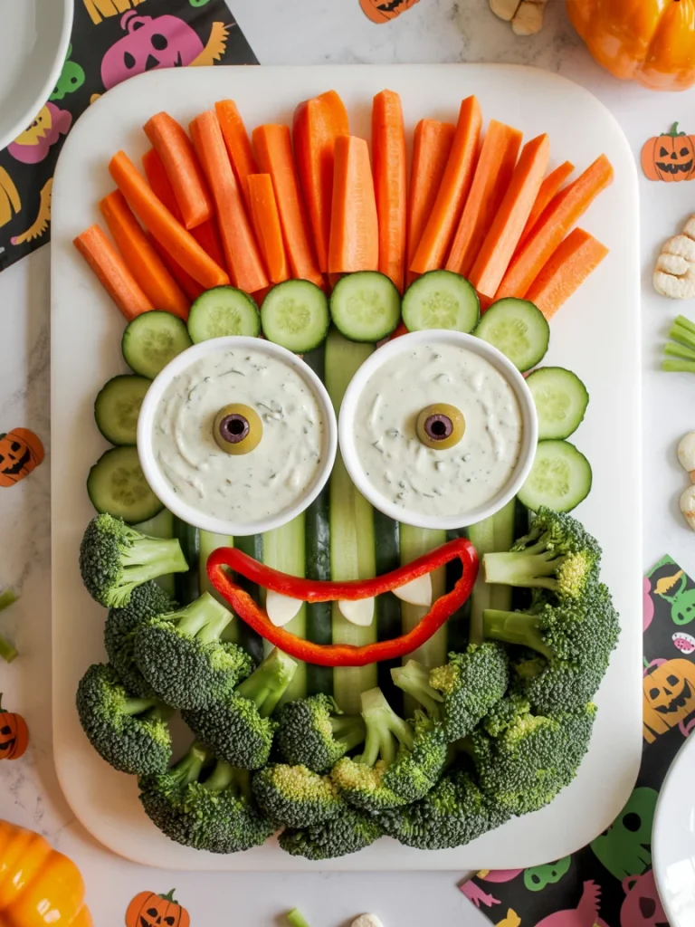 26 Halloween Charcuterie Board Ideas That Are Spooky, Cute, and Party-Ready 16 Monster Face Veggie Board
