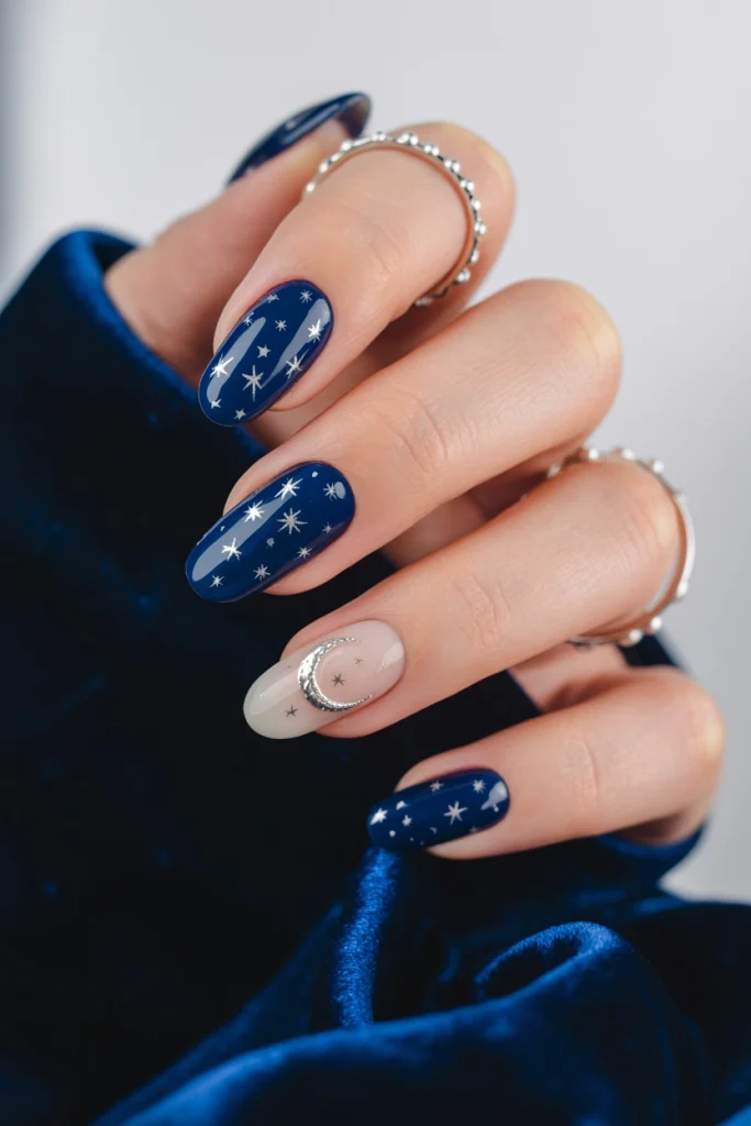 32 January Nail Ideas to Slay Your New Year Resolutions 9 Navy Starry Night Nails 1