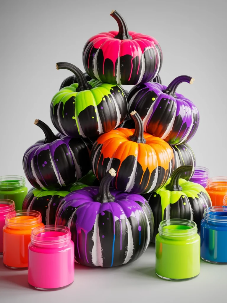 28 Pumpkin Painting Ideas That Look Creative, Cute, and Easy to Copy 22 Neon Splatter Party Pumpkin