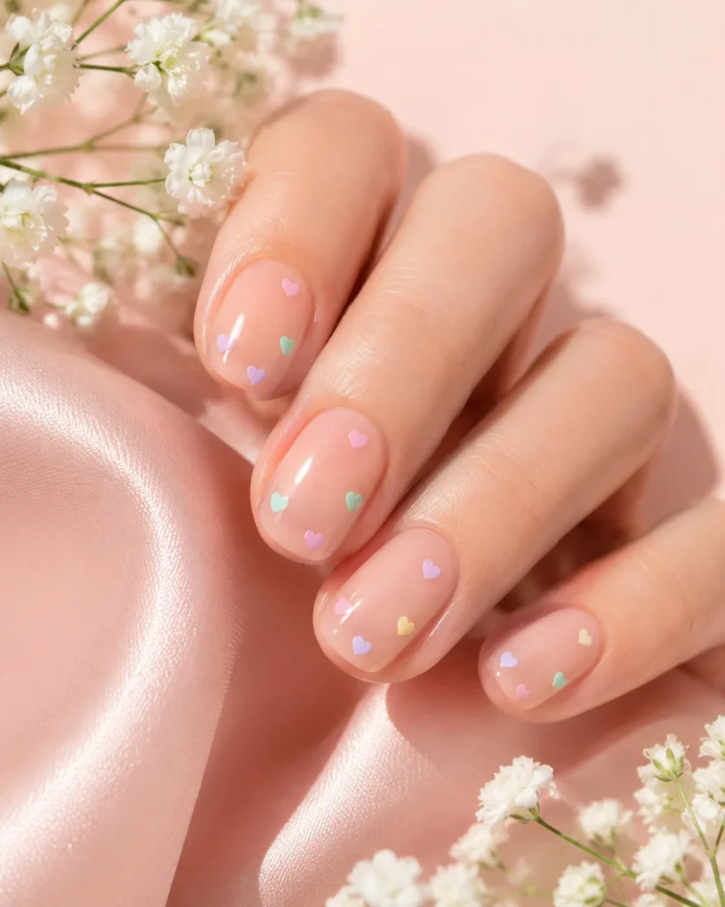 29 Pastel Easter Nail Ideas That Look Sweet, Soft, and So Pretty 20 Nude Base With Pastel Hearts