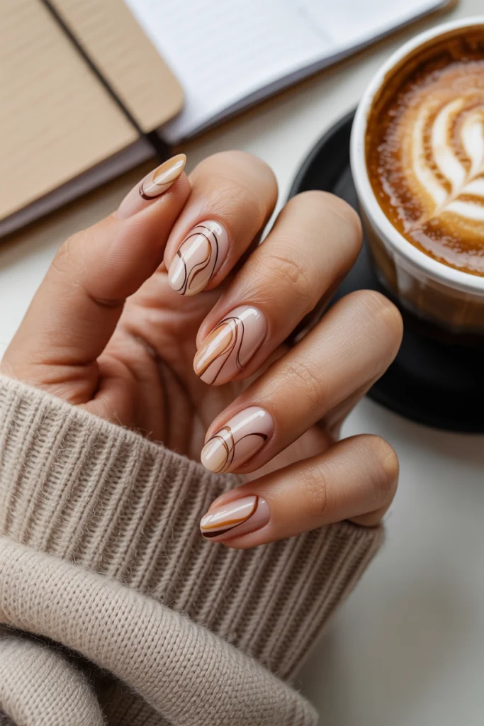 Nude Nails With Brown Swirls