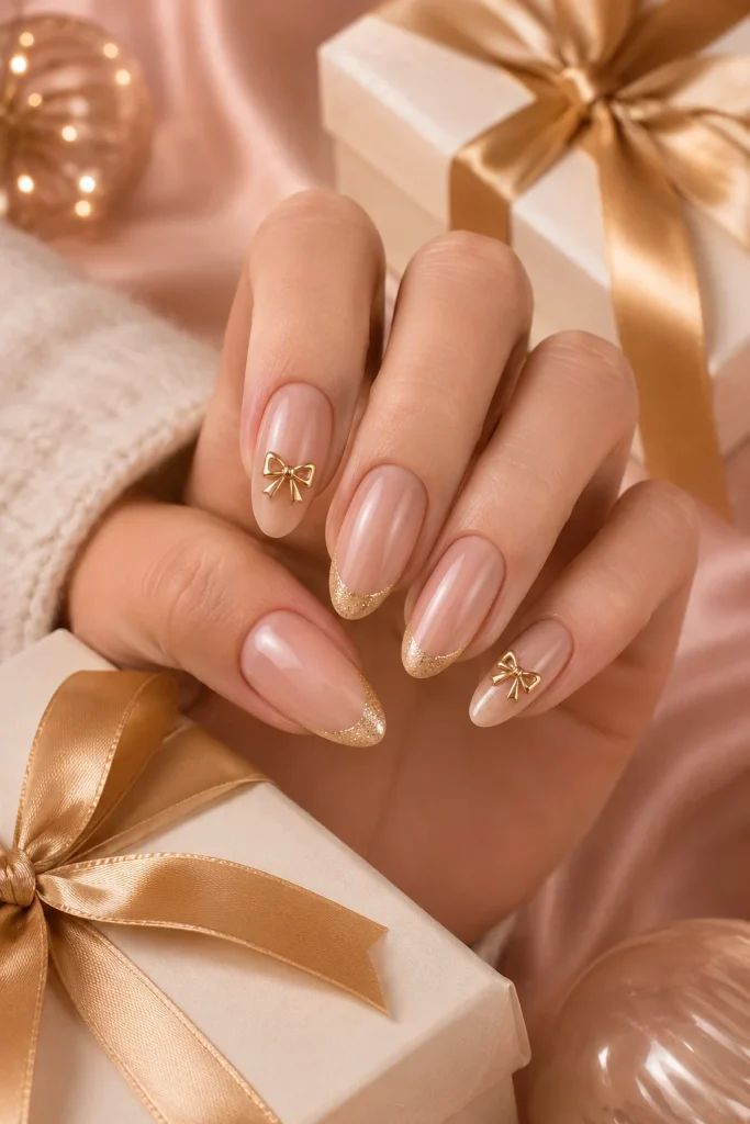 Nude Nails with Gold Bows