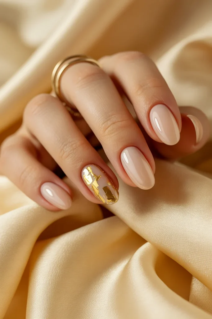 31 Neutral Nail Ideas That Look Chic, Timeless, and Never Boring 24 Nude Nails with Gold Foil