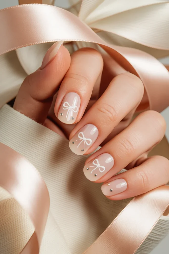 33 Short Nail Design Ideas for Winter That Look Chic, Cozy, and Simply Stunning 17 Nude Nails with White Bow Accents