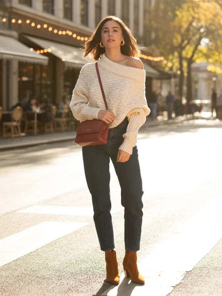 32 Fall Date Night Outfits That Feel Romantic, Cozy, and Chic 4 Off Shoulder Sweater With Dark Straight Leg Jeans