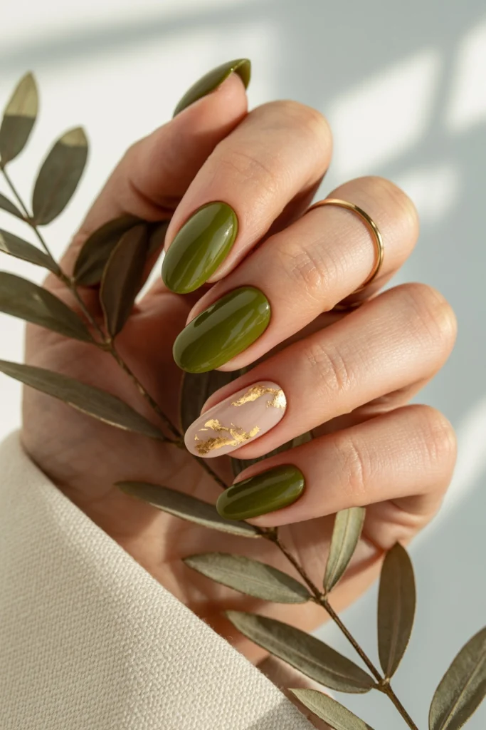 Olive Green Nails With Gold Foil