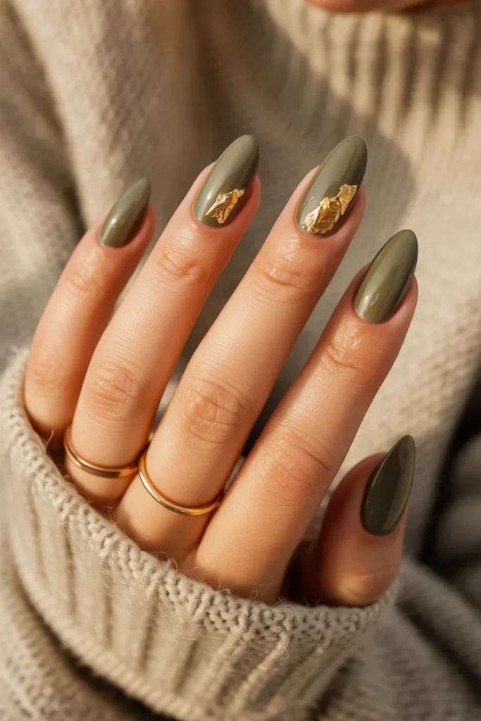 29 November Nail Ideas for the Coziest Fall Manicure 11 Olive Green Nails with Gold Accents