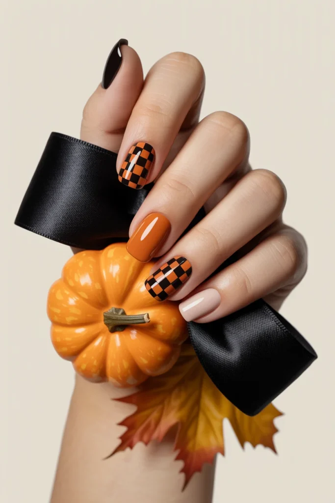 31 October Nail Ideas for Cozy, Spooky, and Classy Fall Vibes 13 Orange and Black Checker Nails