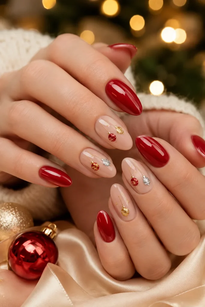 27 December Nail Ideas for Festive Winter Nails 17 Ornament Accent Nails