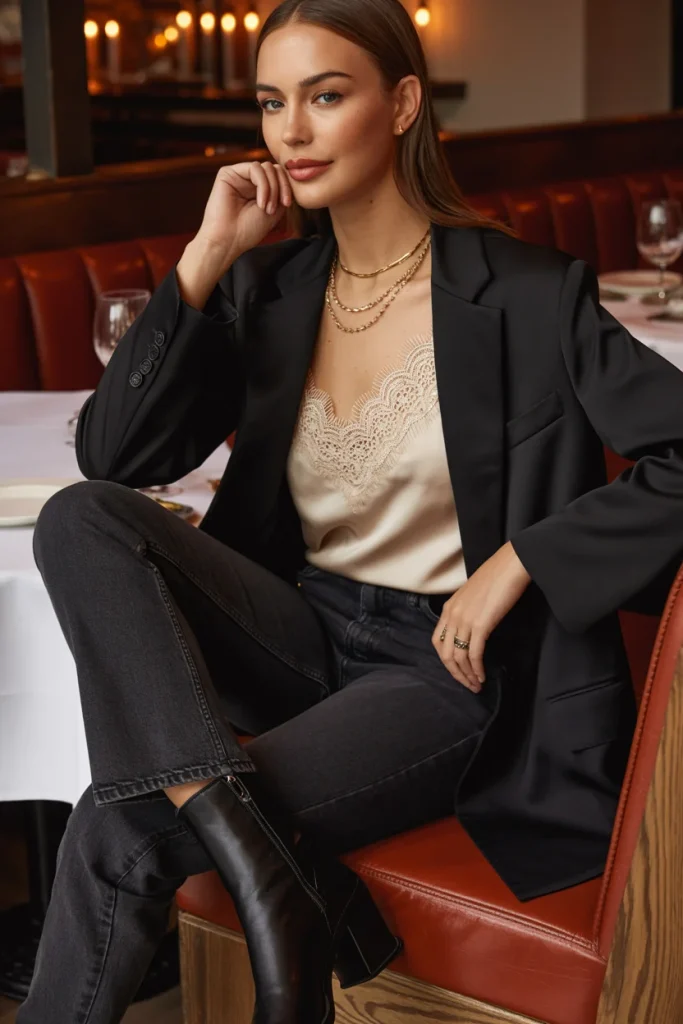 33 Winter Date Outfits That Feel Romantic, Warm, and Stunning 13 Oversized Blazer Lace Cami and Dark Jeans