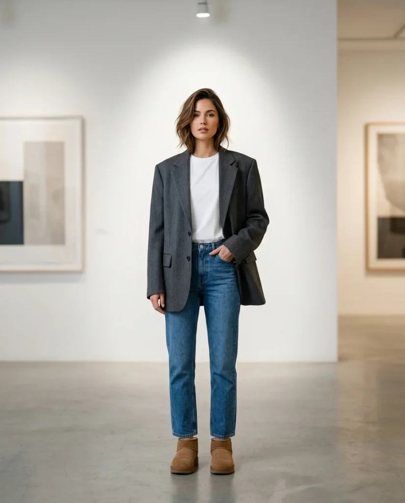 33 Ugg Outfit Ideas That Are Cozy, Cute, and Easy to Wear 14 Oversized Blazer White Tee Blue Jeans and Mini Uggs