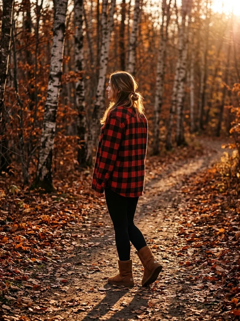 33 Ugg Outfit Ideas That Are Cozy, Cute, and Easy to Wear 7 Oversized Flannel Black Leggings and Chestnut Uggs