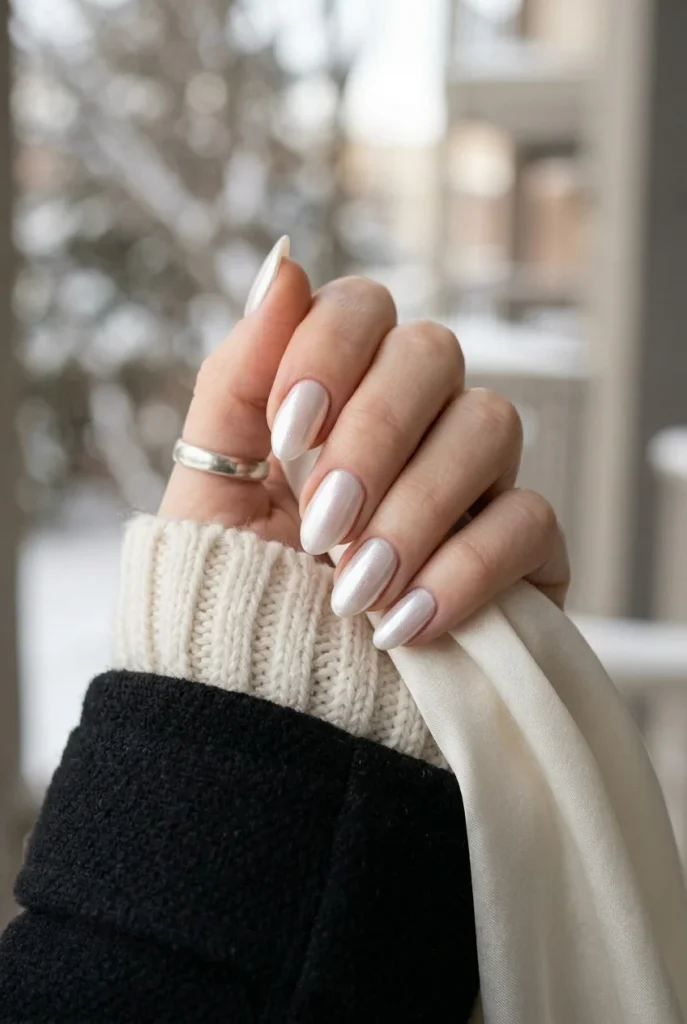 Pearl Chrome Almond Nails clean