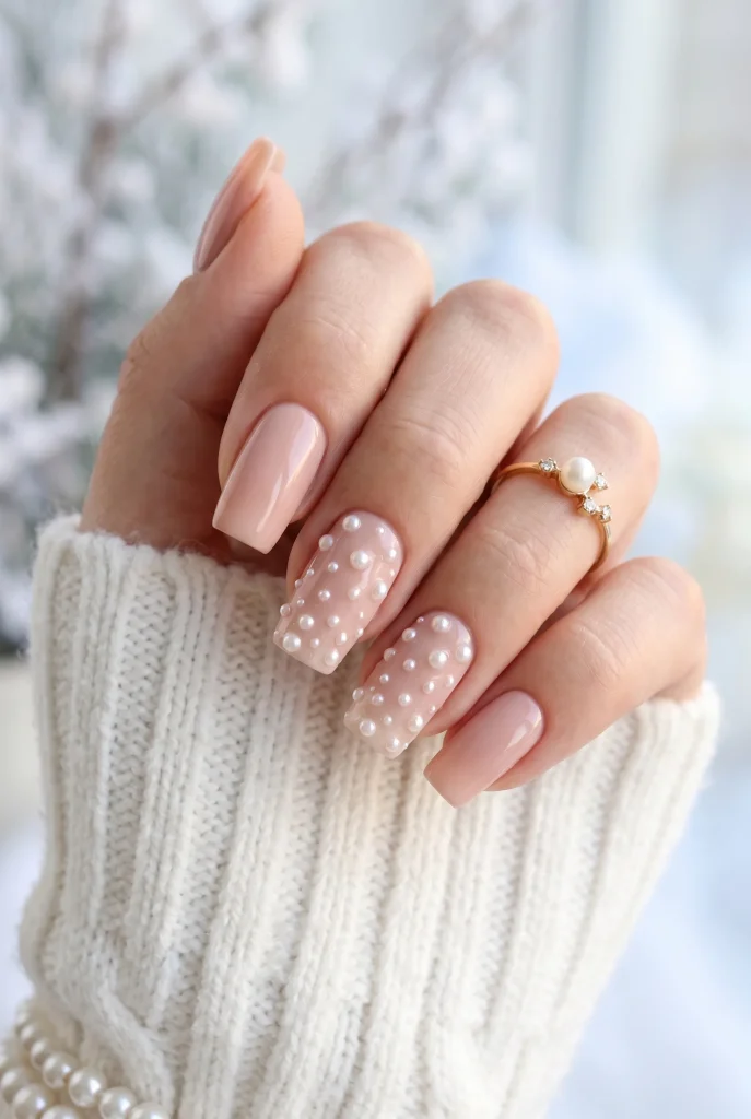 29 Winter Nail Designs That'll Make You Feel Like a Snow Goddess 7 Pearl Snowfall Accent Nails