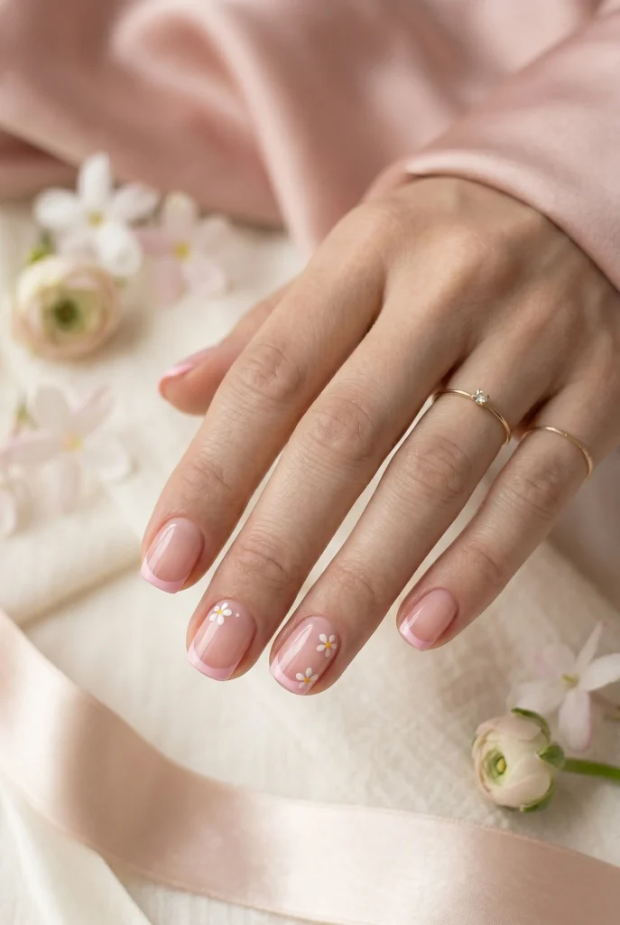 Pink French Tips With Flowers