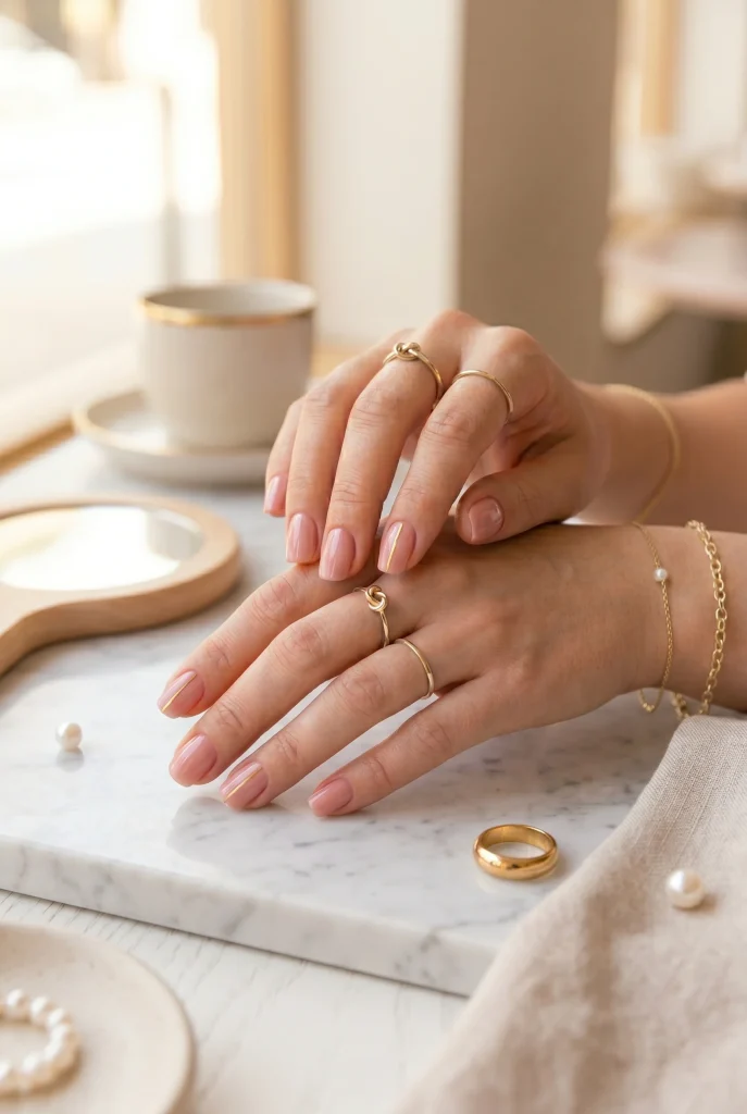 Pink Nails With Thin Gold Lines