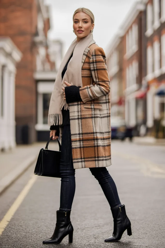 33 Winter Date Outfits That Feel Romantic, Warm, and Stunning 20 Plaid Coat Jeans and Heeled Boots