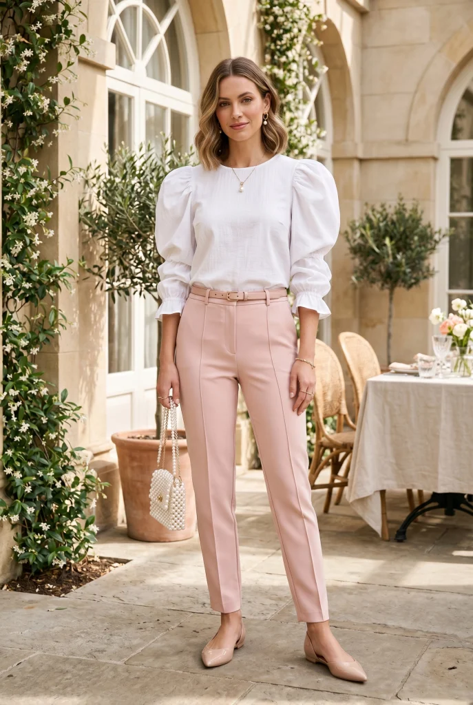 33 Chic Easter Outfit Ideas That Look Festive, Fresh, and Polished 12 Puff Sleeve Blouse with Tailored Trousers