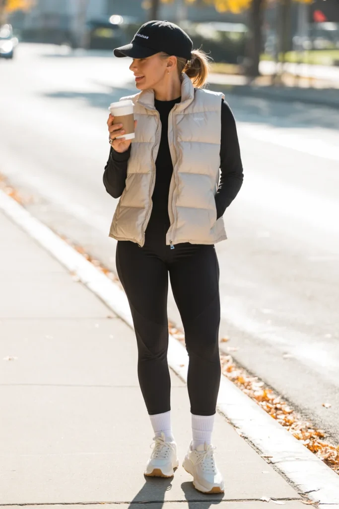 34 Casual Fall Outfits That Look Laid-Back, Chic, and Easy to Copy 16 Puffer Vest Long Sleeve Tee and Leggings