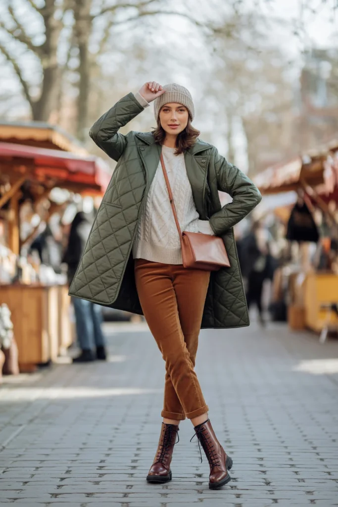 33 Winter Date Outfits That Feel Romantic, Warm, and Stunning 22 Quilted Coat Sweater and Corduroy Pants