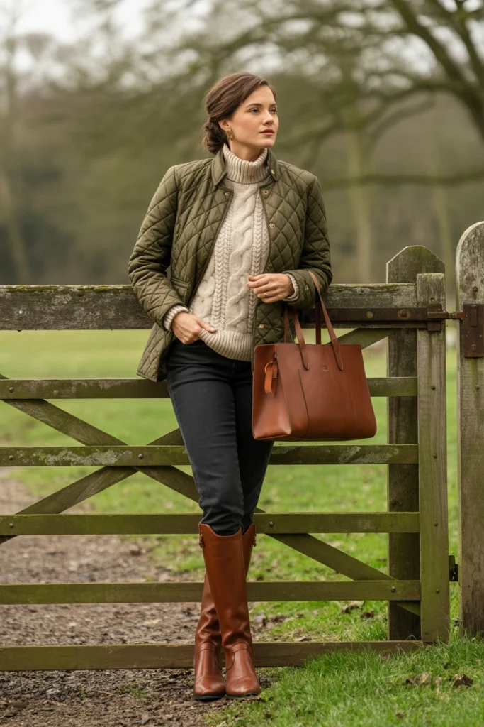 Quilted Jacket Cable Knit and Riding Boots