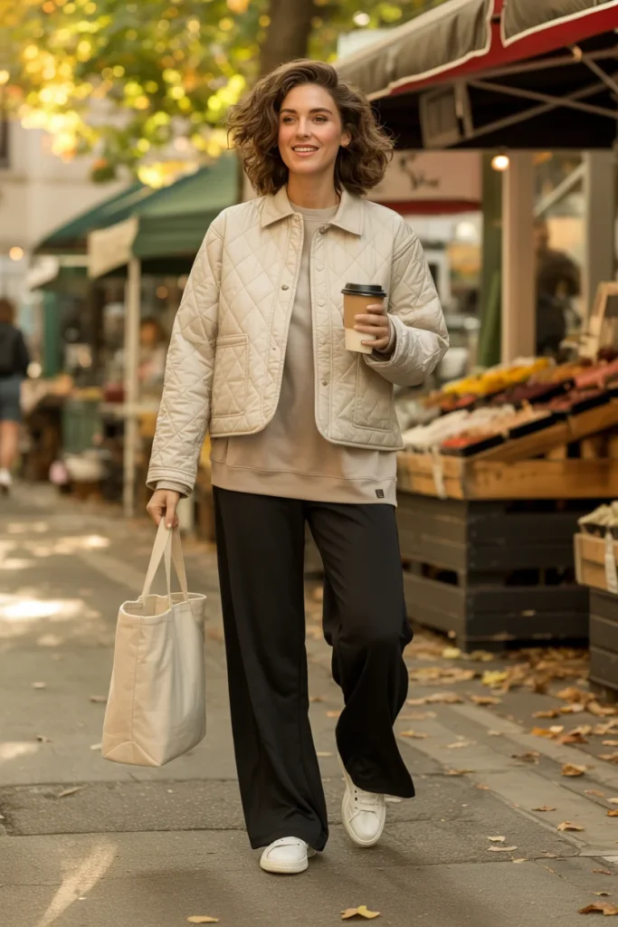 34 Casual Fall Outfits That Look Laid-Back, Chic, and Easy to Copy 14 Quilted Jacket Sweatshirt and Wide Leg Pants