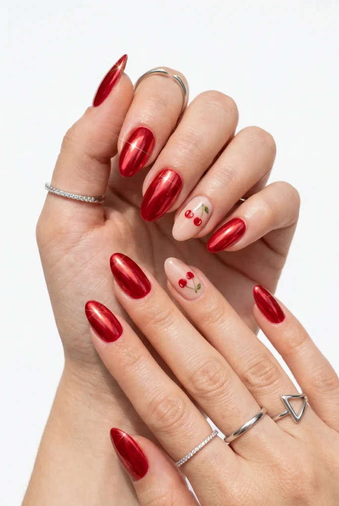 28 Trendy Red Cherry Nail Ideas That Look Playful and Chic 8 Red Chrome Cherry Nails