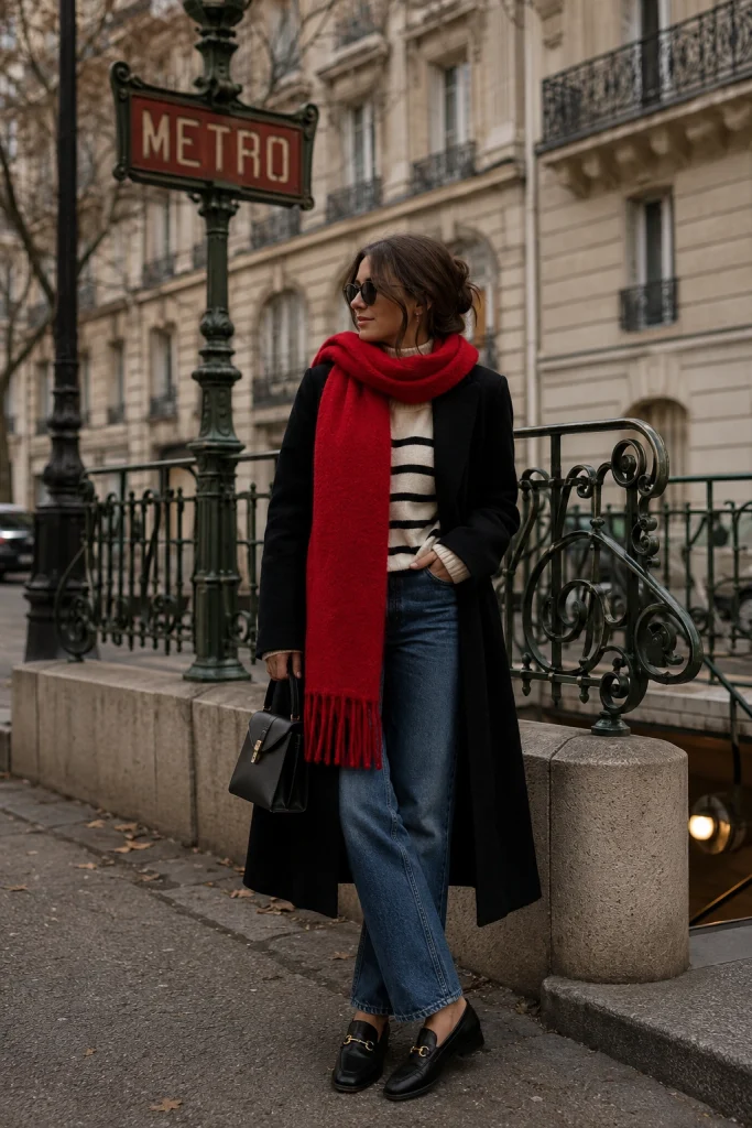 Red Scarf Blue Jeans and Black Coat