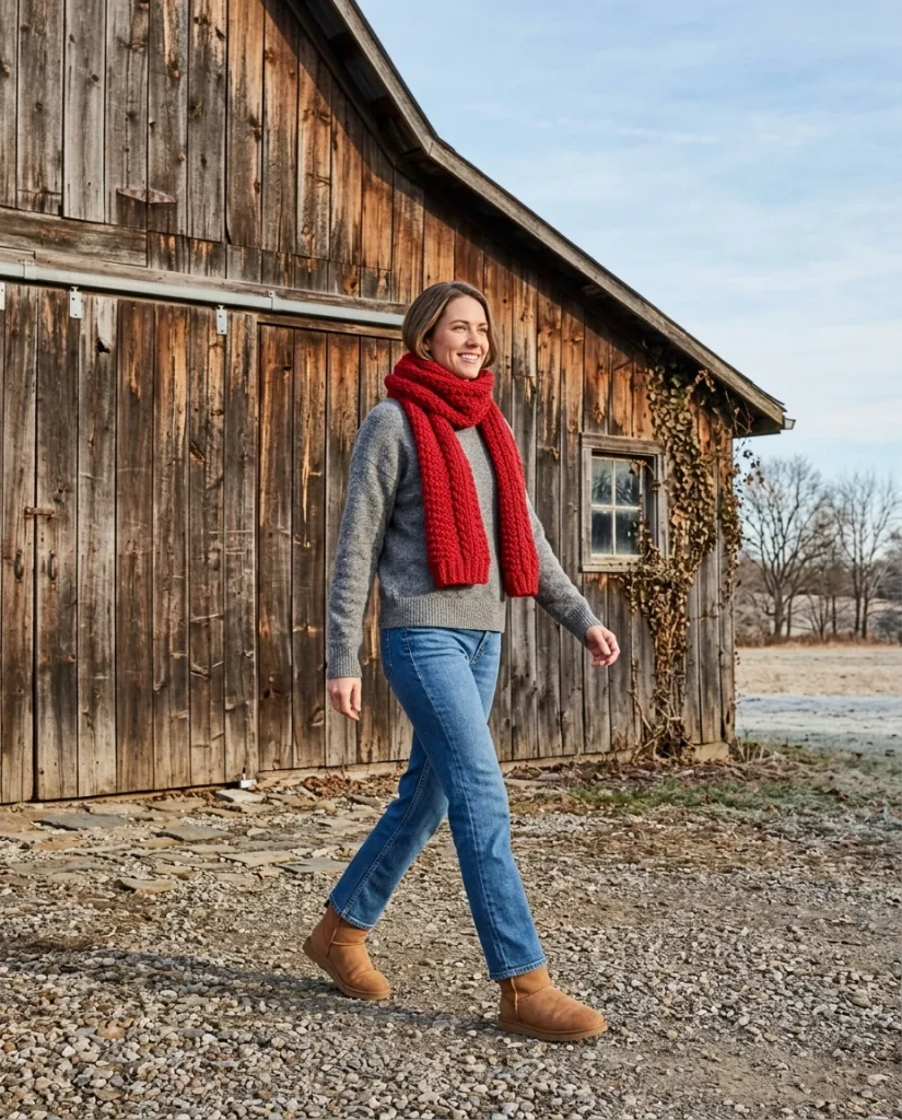 33 Ugg Outfit Ideas That Are Cozy, Cute, and Easy to Wear 33 Red Scarf Gray Sweater Jeans and Uggs