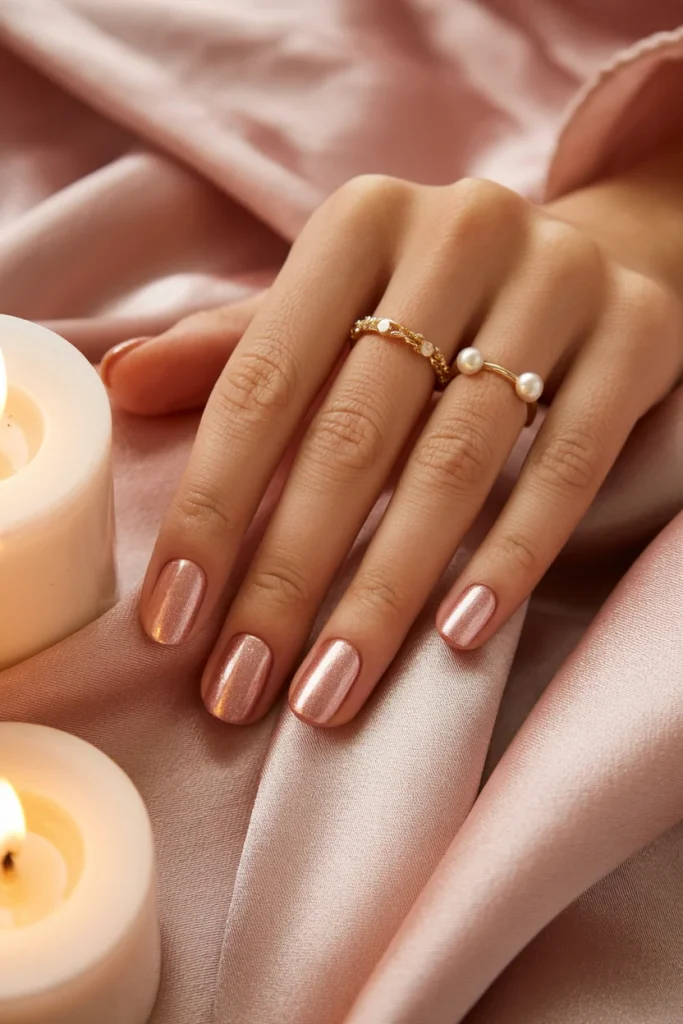 33 Short Nail Design Ideas for Winter That Look Chic, Cozy, and Simply Stunning 31 Rose Gold Shimmer Nails