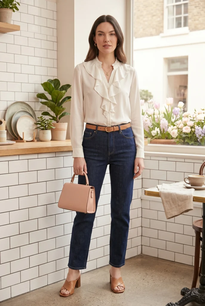 33 Chic Easter Outfit Ideas That Look Festive, Fresh, and Polished 26 Ruffle Blouse with Dark Wash Jeans