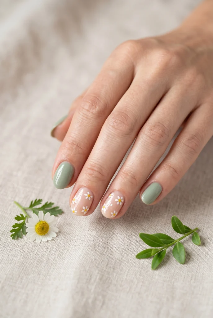 29 Classy Spring Nails That Look Polished, Pretty, and Expensive 11 Sage Green Daisy Nails