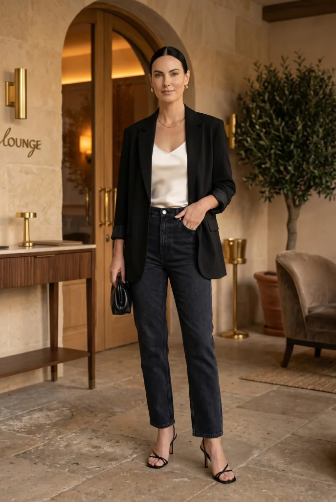Satin Cami Blazer and Jeans