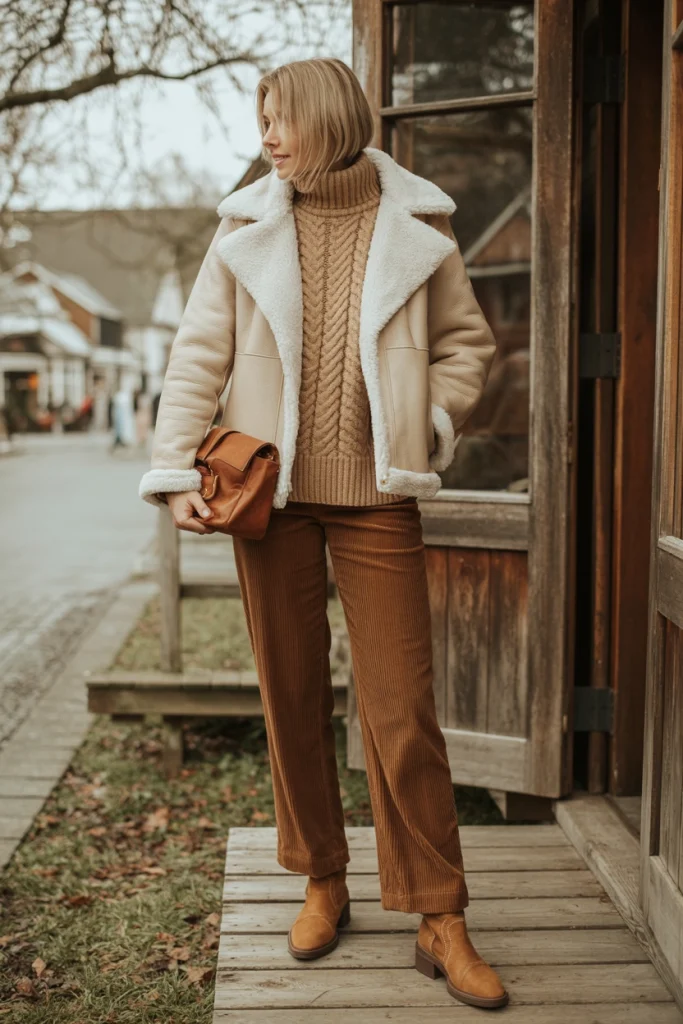 Shearling Jacket with Corduroy Trousers