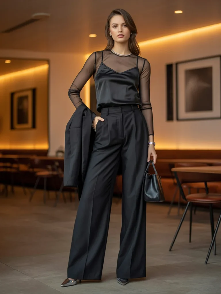 32 Fall Date Night Outfits That Feel Romantic, Cozy, and Chic 25 Sheer Long Sleeve Top With Wide Leg Trousers