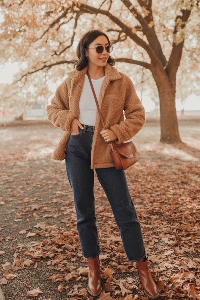 34 Casual Fall Outfits That Look Laid-Back, Chic, and Easy to Copy 18 Sherpa Jacket White Tee and Dark Denim