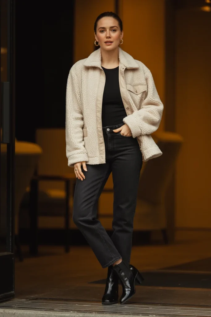 33 Winter Date Outfits That Feel Romantic, Warm, and Stunning 23 Sherpa Jacket and Black Jeans
