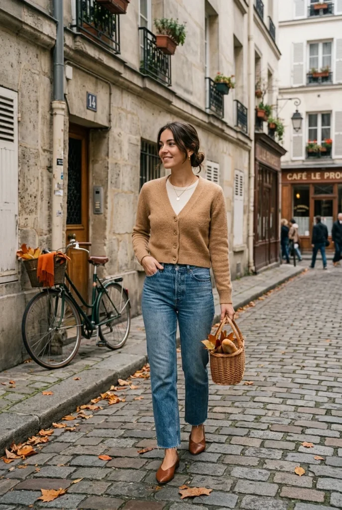 Short Cardigan with High Waist Jeans 1