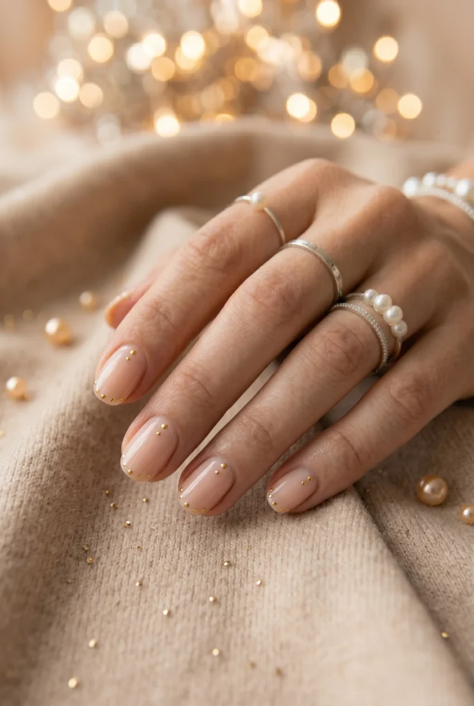Short Nude Nails with Gold Dots