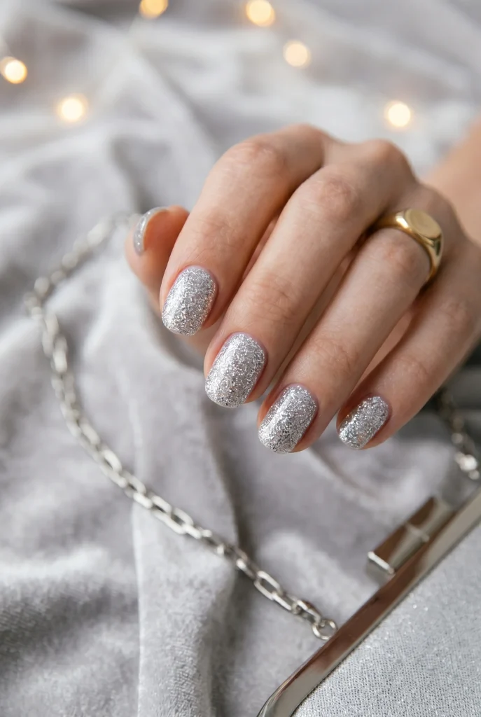 Short Silver Glitter Nails