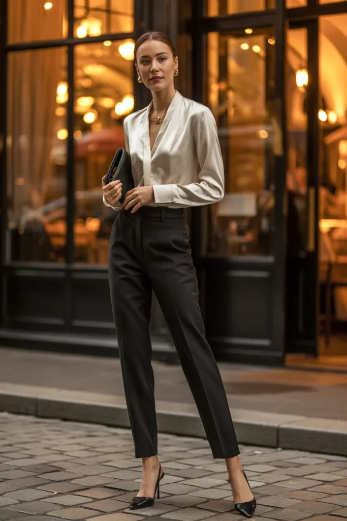 Silk Blouse with Black Trousers for Dinner